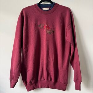 Vintage M & C Sportswear Women's Long Sleeve Birds Embroidered Red Pullover Swea